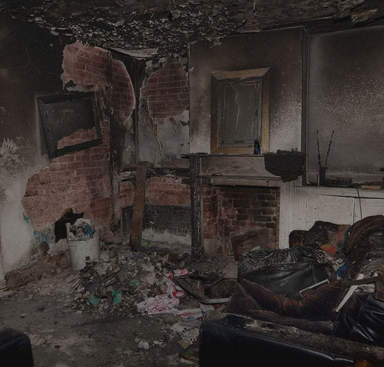 living room of a burned down house
